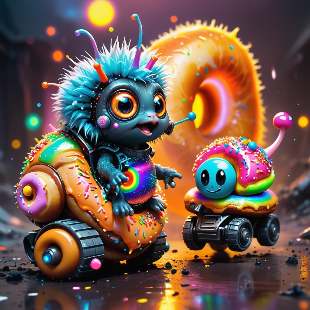 Alien Snail Races Donut Tank in Cyberpunk Wasteland