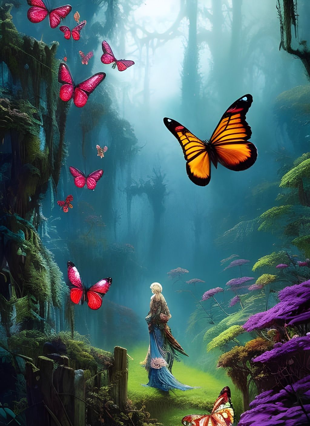Colorful Magic Butterflies in Ancient Forest Meadow