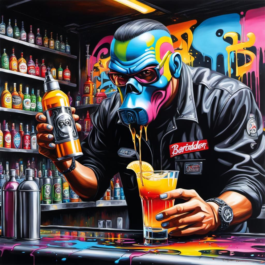 Cyborg Bartender in Graffiti Street Art Style