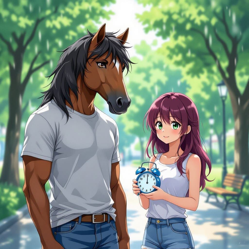 Anime Style Horse-Headed Man in Rainy Park