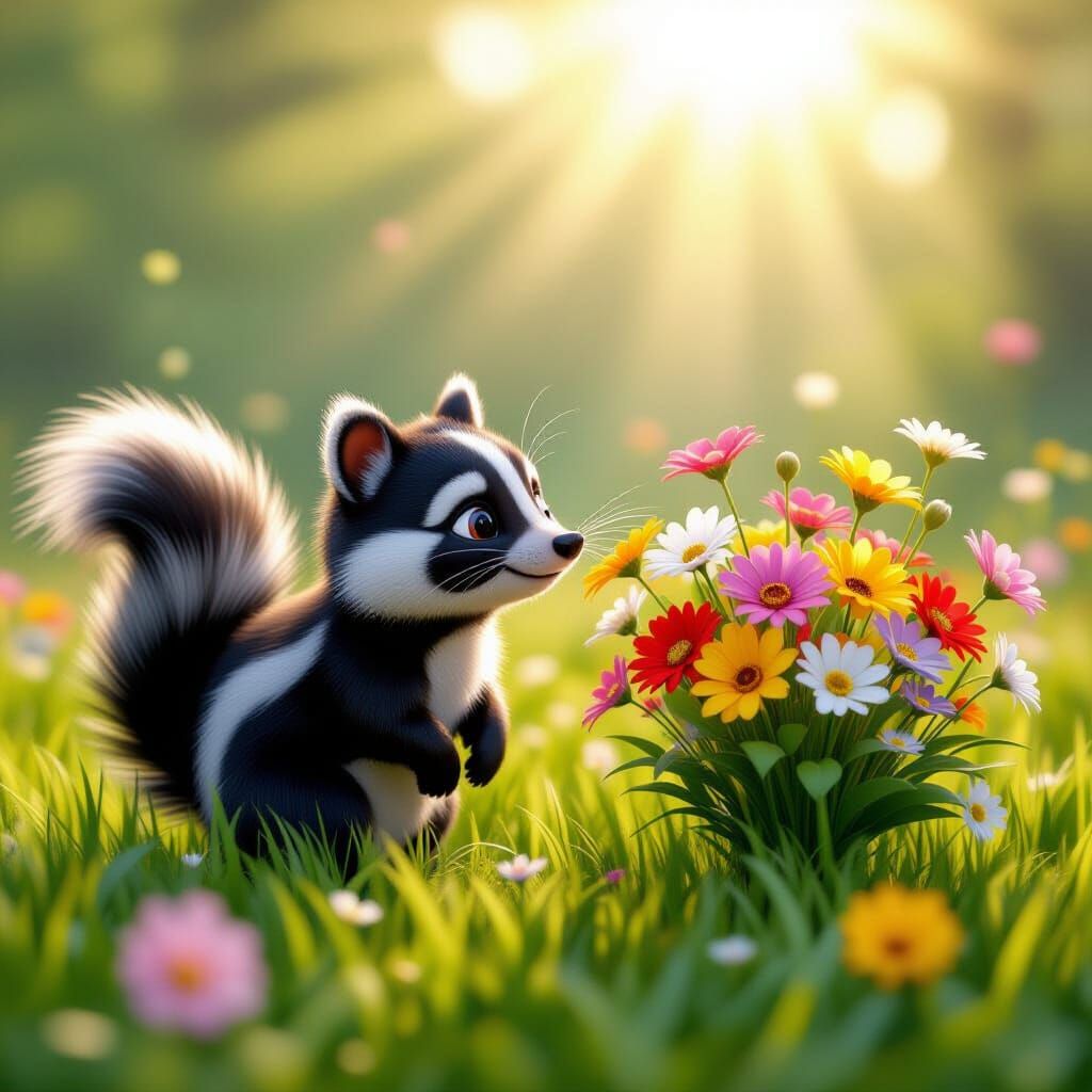 Skunk Smelling Flowers in Lush Meadow: Pixar Style