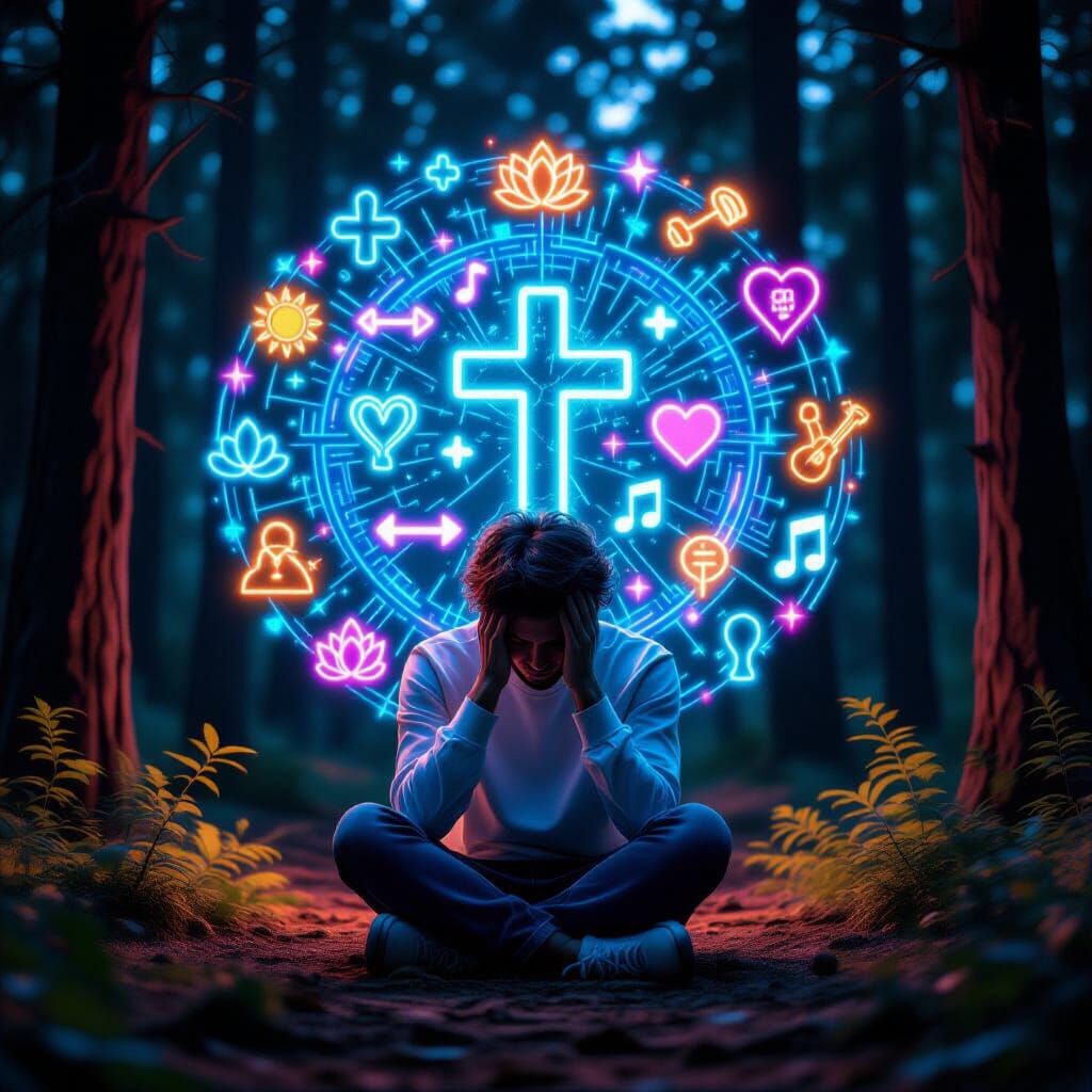 Melancholy Figure Surrounded by Neon Infographic