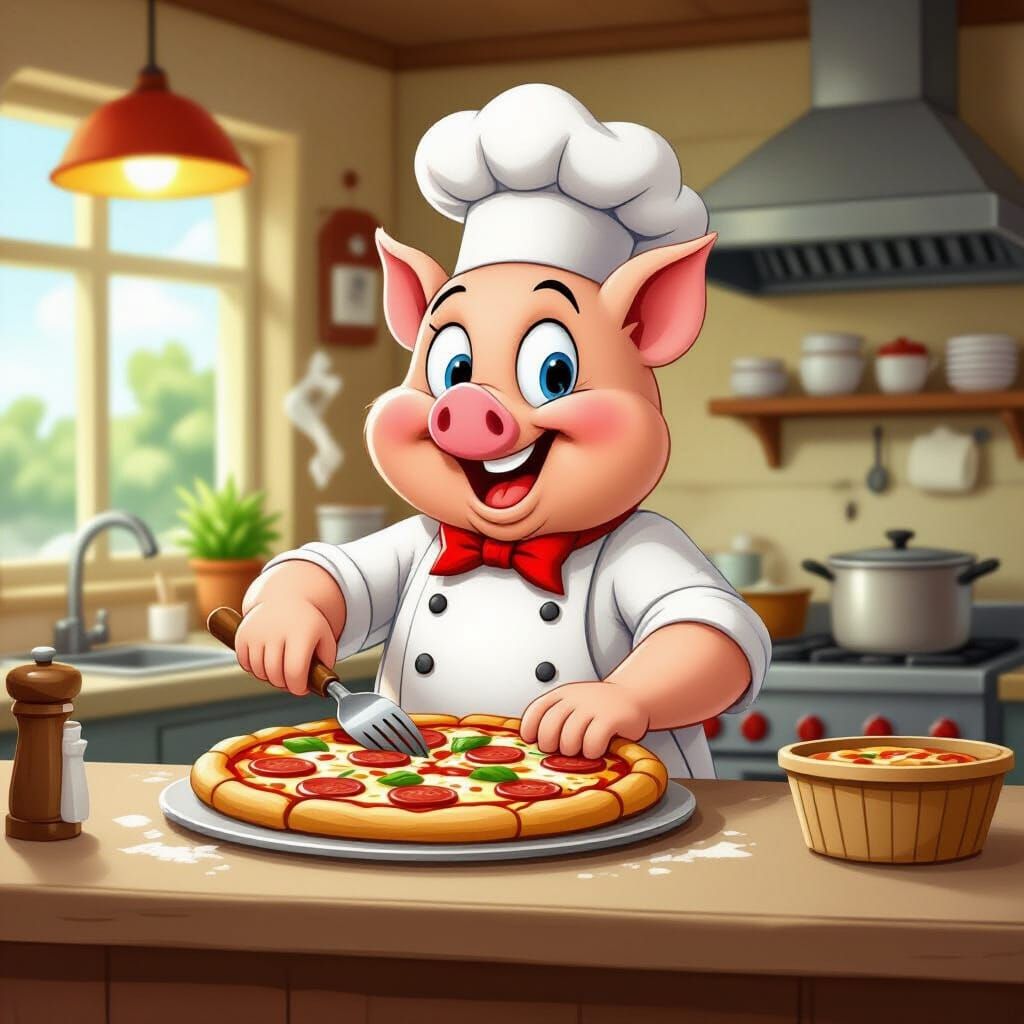 Porky Pig: Pizza Chef in Cartoon Style