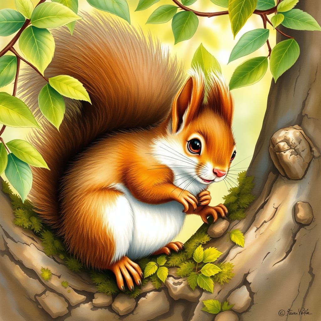 Squirrel Perched on Tree Branch in Whimsical Watercolor Styl...