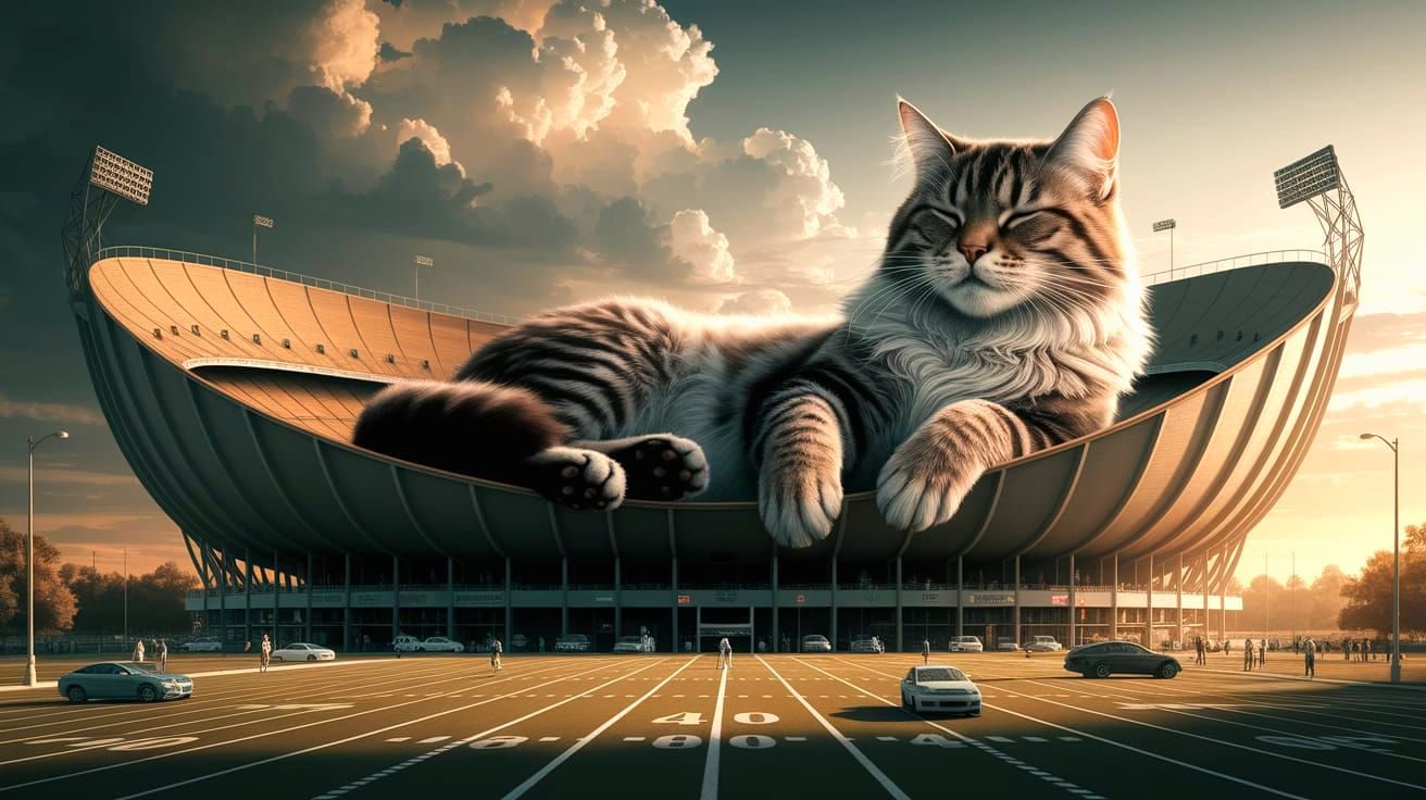 Giant Cat Lounging in Stadium Cat Bed