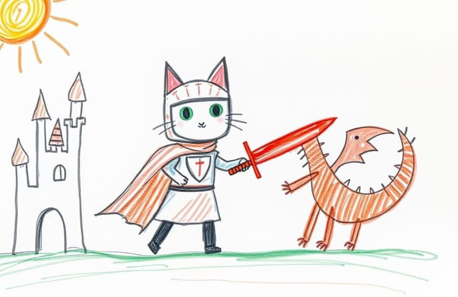 Childlike Crayon Knight Slaying Dragon