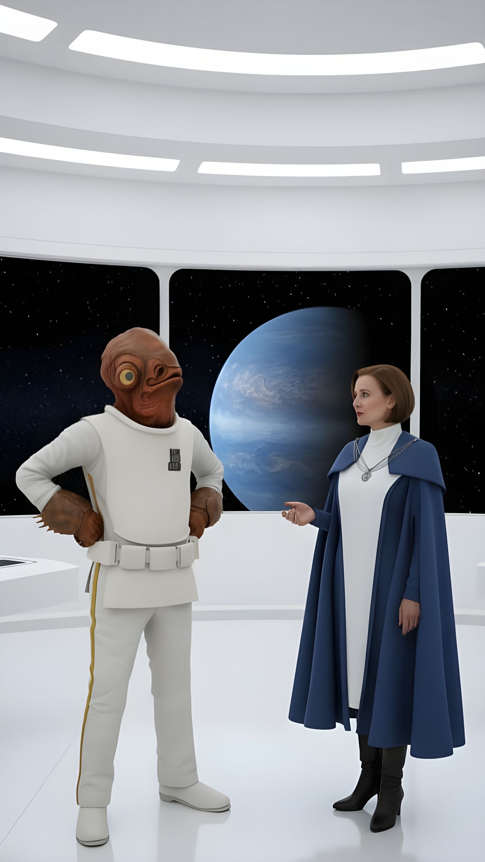 Admiral Ackbar and Mon Mothma in Futuristic Conference Room