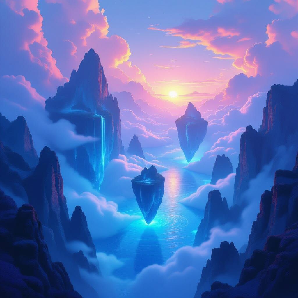 Surreal Seascape with Floating Islands & Neon Ocean