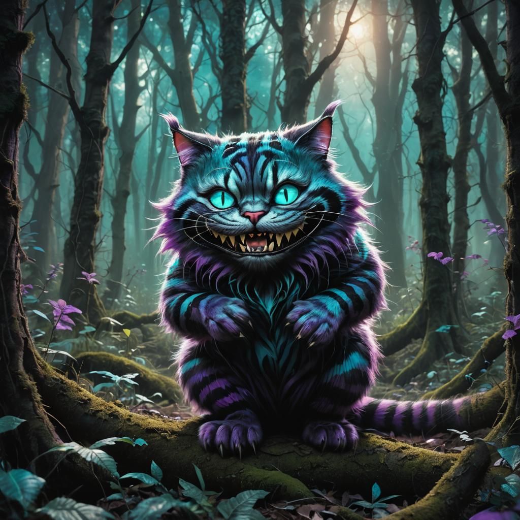 Cheshire Cat's Menacing Smile in Dreamlike Forest
