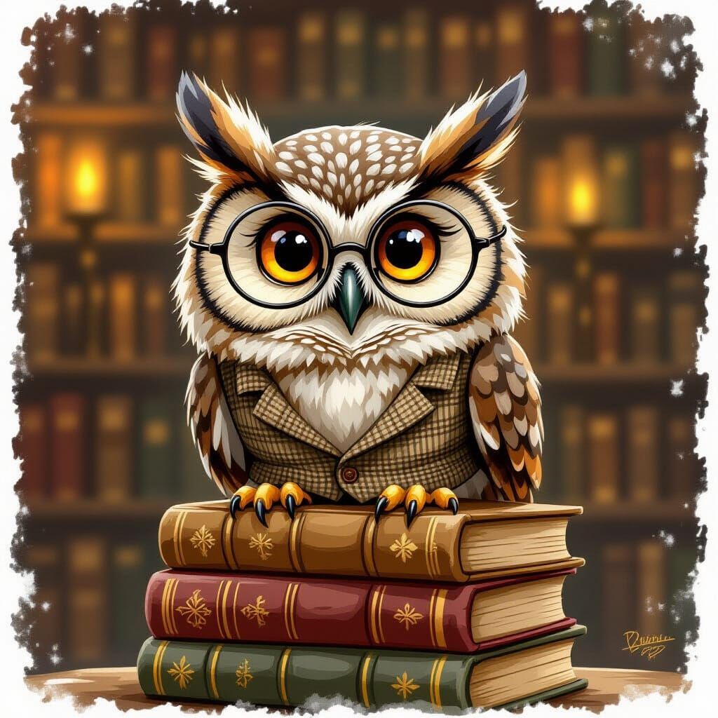 Wise Owl in Tweed Vest Reads Books in Cozy Library