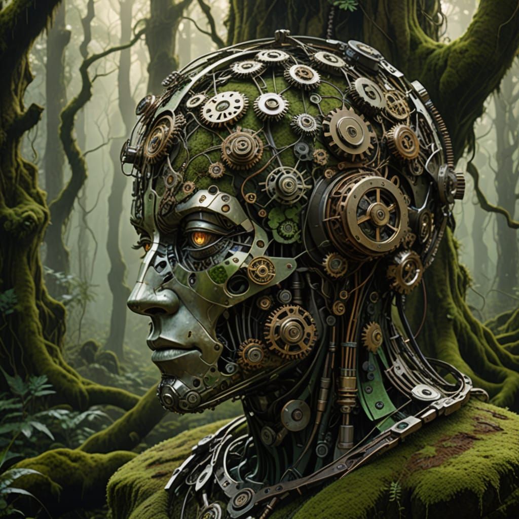 Cyborg Head in Ancient Forest, Steampunk Fractal Art