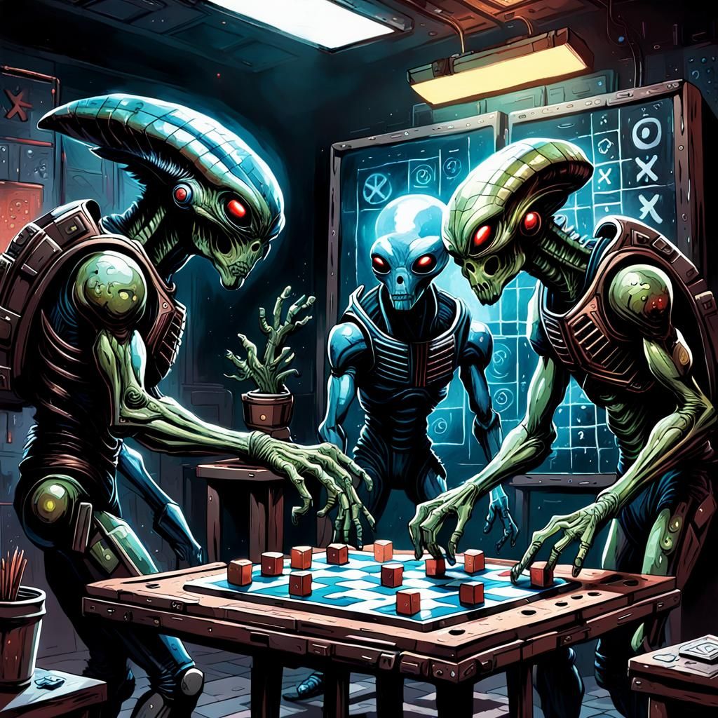 Aliens Play Tic-Tac-Toe: Gouache Impasto Comic Art