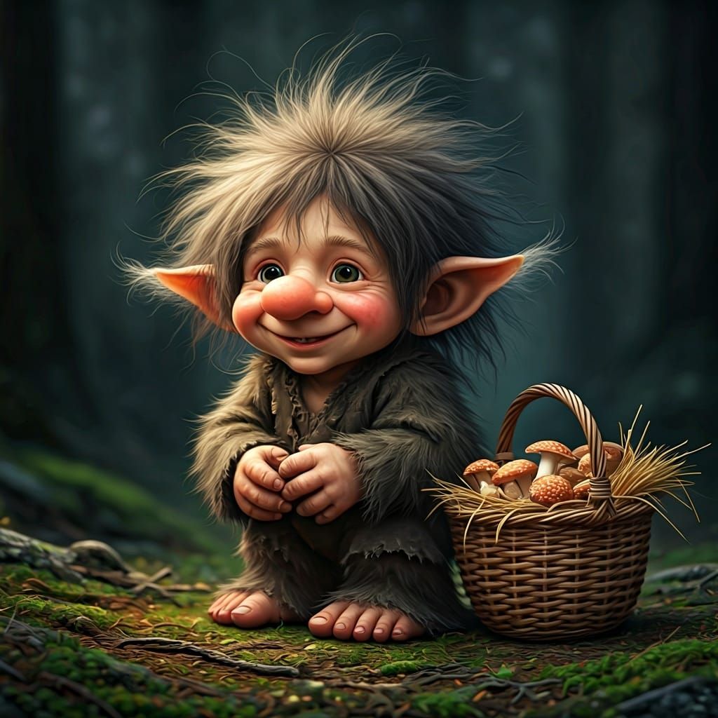 Troll Child Gathering Mushrooms in Watercolor Forest