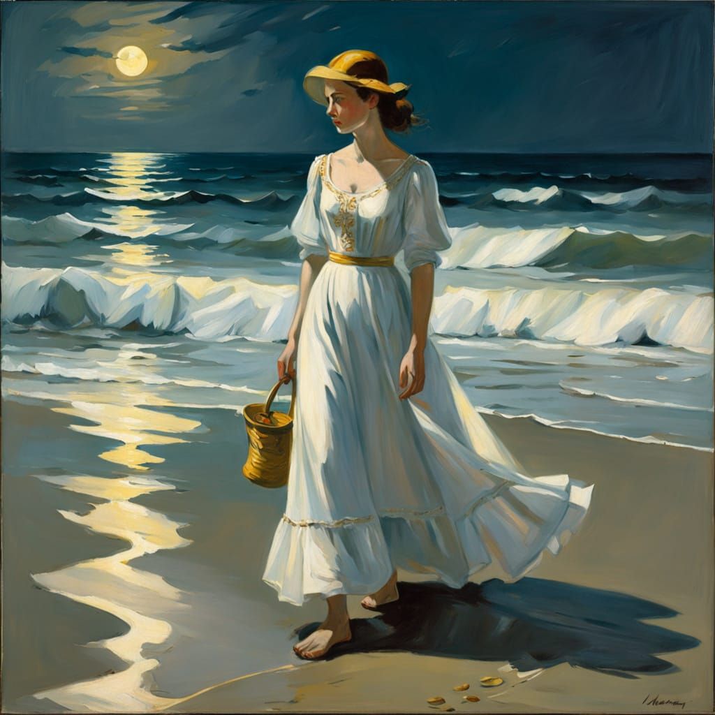 Ethereal Moonlit Beauty Walks the Seaside