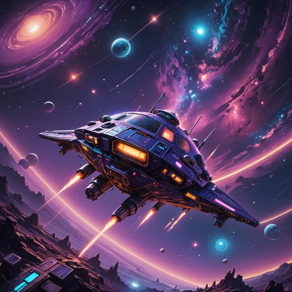Lone Spaceship in a Neon Cosmic Landscape