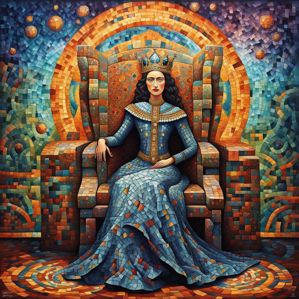 Mosaic Queen on Throne: Geometric Acrylic Portrait