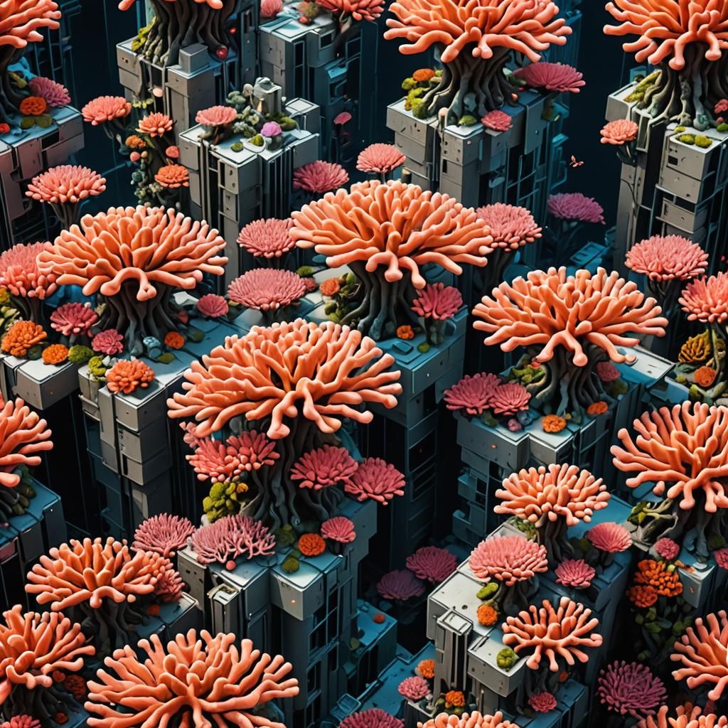 Coral Cityscape: Skyscrapers Transformed by Neon Coral