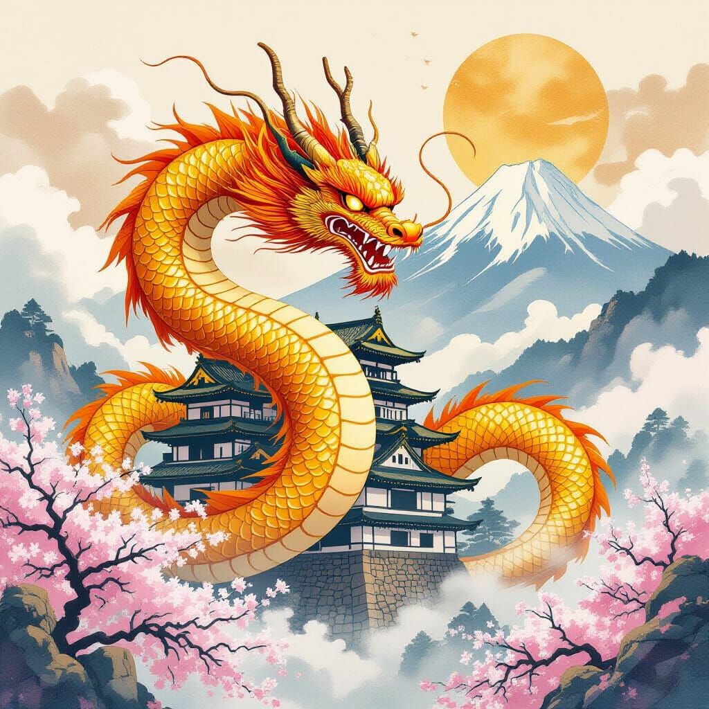Golden Dragon Coiled Around Japanese Castle in Ink Painting ...