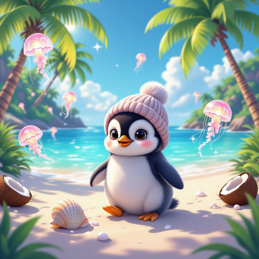Penguin on Tropical Island in Dreamy 3D Cartoon Style