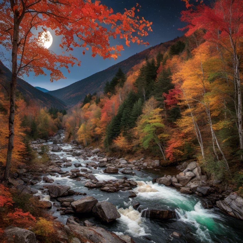 Autumnal New Hampshire Mountain River in Watercolor