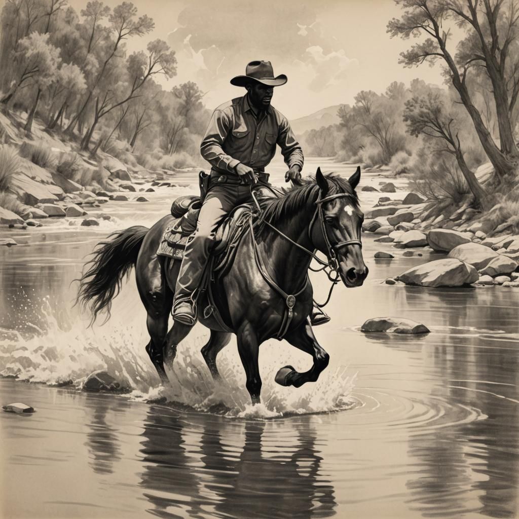 Black Cowboy on Horseback Pencil Sketch