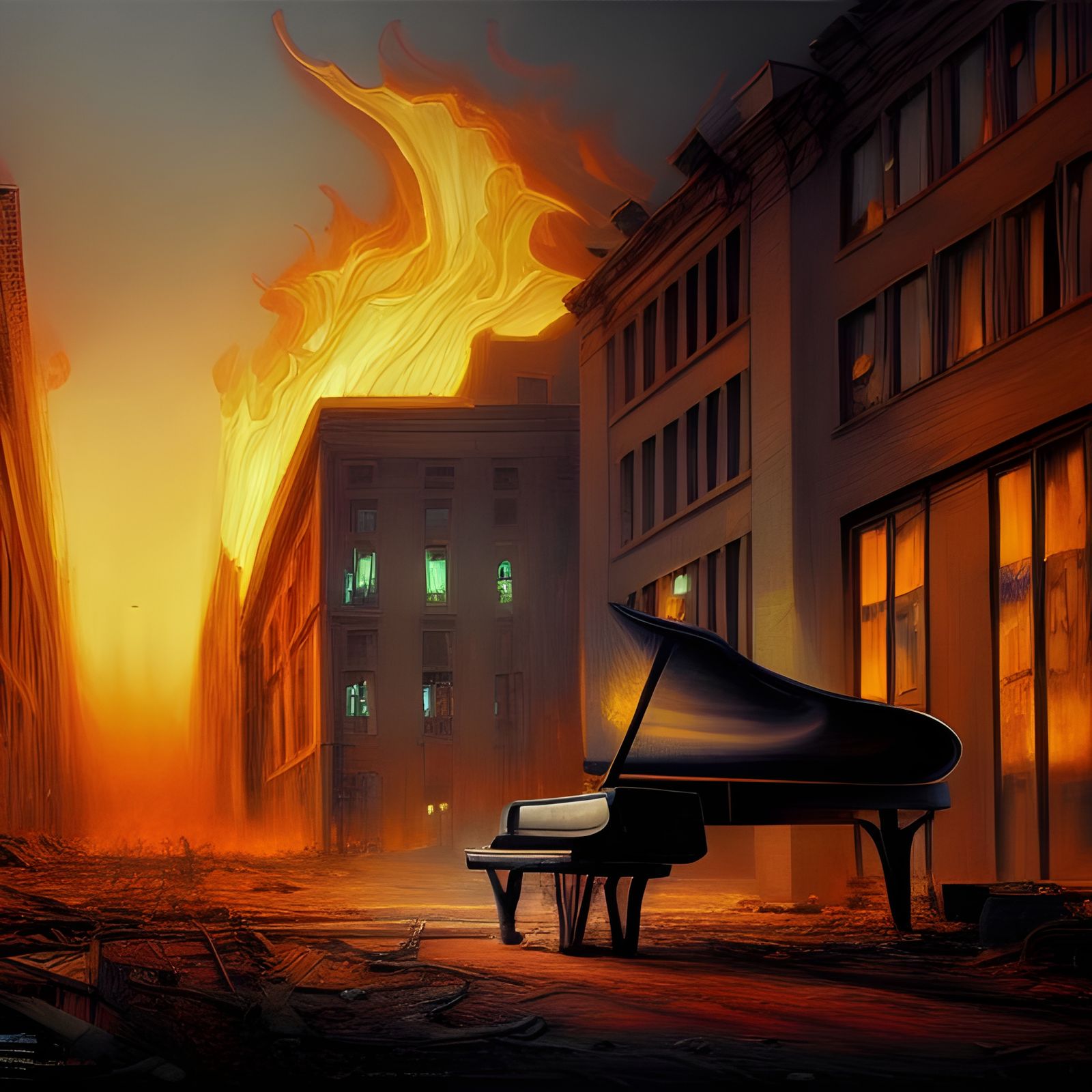 Fiery Piano in Post-Apocalyptic Cityscape