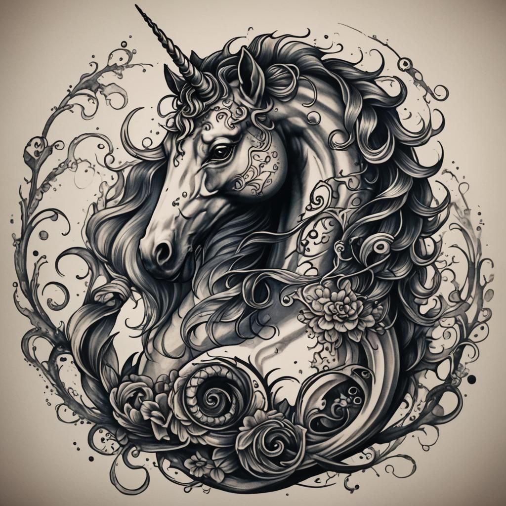 Hippocampus Unicorn Hybrid Tattoo Design