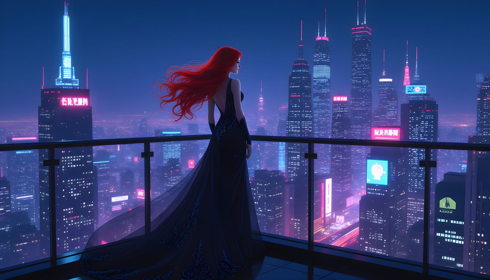 Cyberpunk Woman Overlooking Neon City at Night