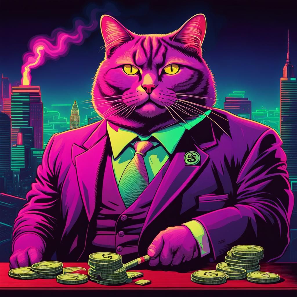 Fat Cat Businessman Smoking Cigar in Synthwave Neon