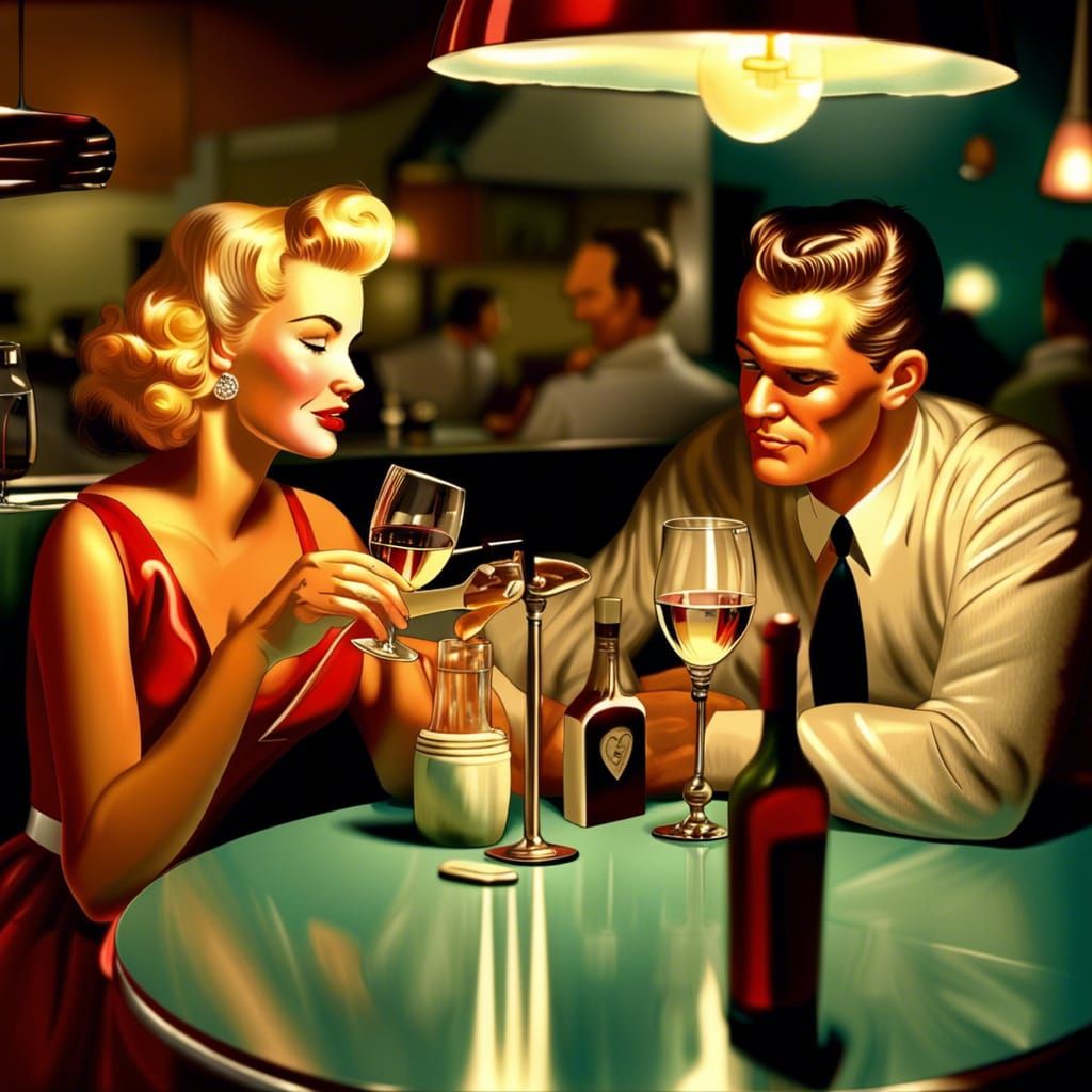 Romantic 1950s Diner Scene with Loving Couple