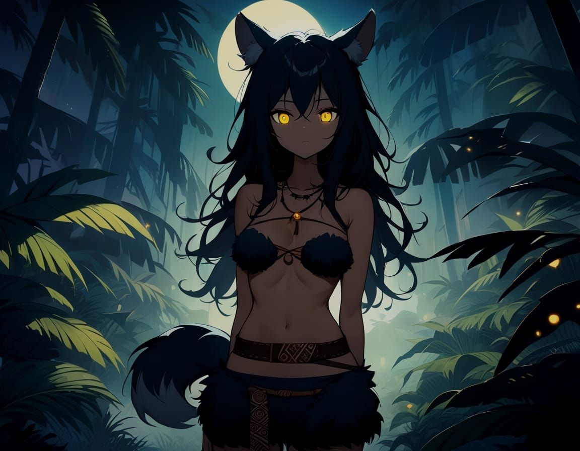 Tribal Girl Silhouette in a Dark Jungle Night