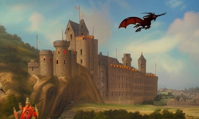 Dragon Over Medieval Castle and Army