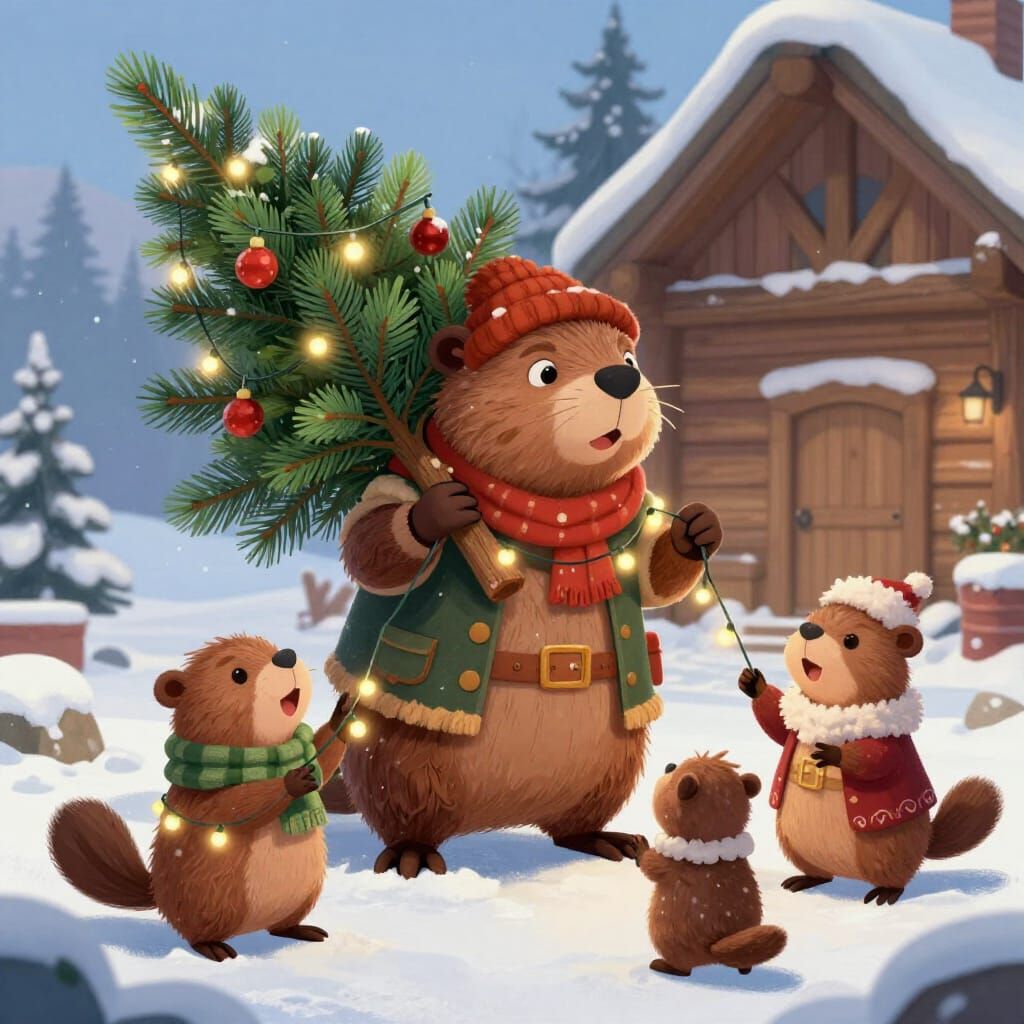 Beaver Family Decorates Christmas Tree in Snowy Woods