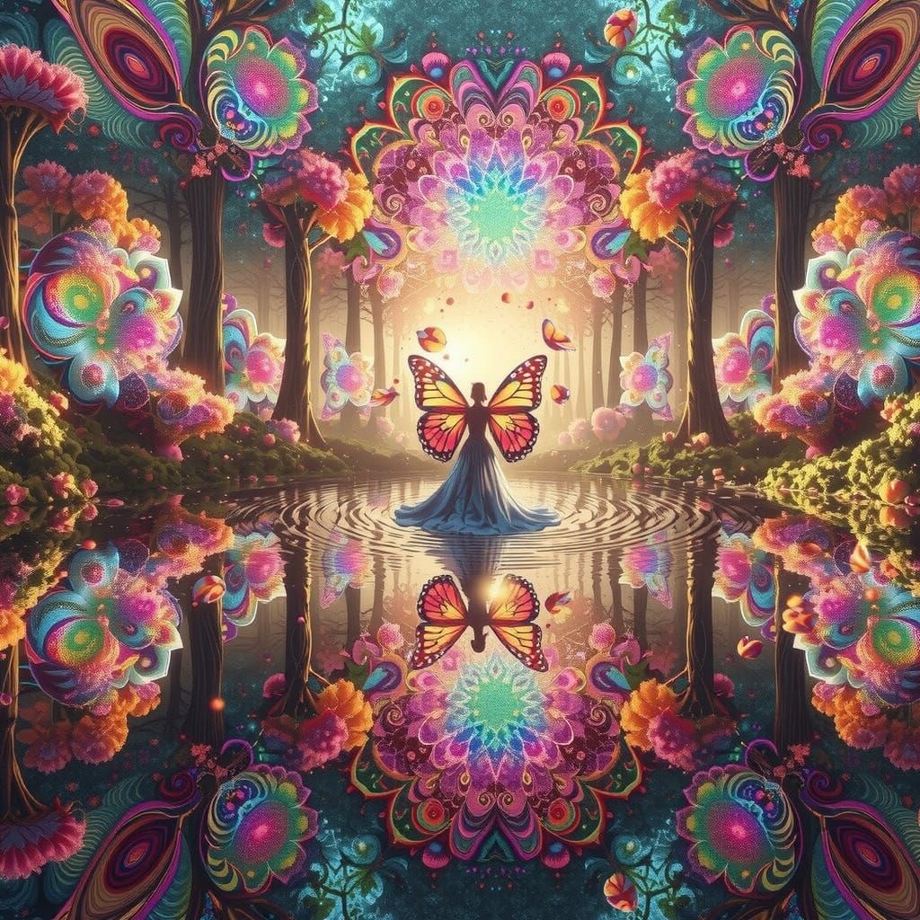 Surreal Forest Glade Mirrors Kaleidoscope with Radiant Girl ...
