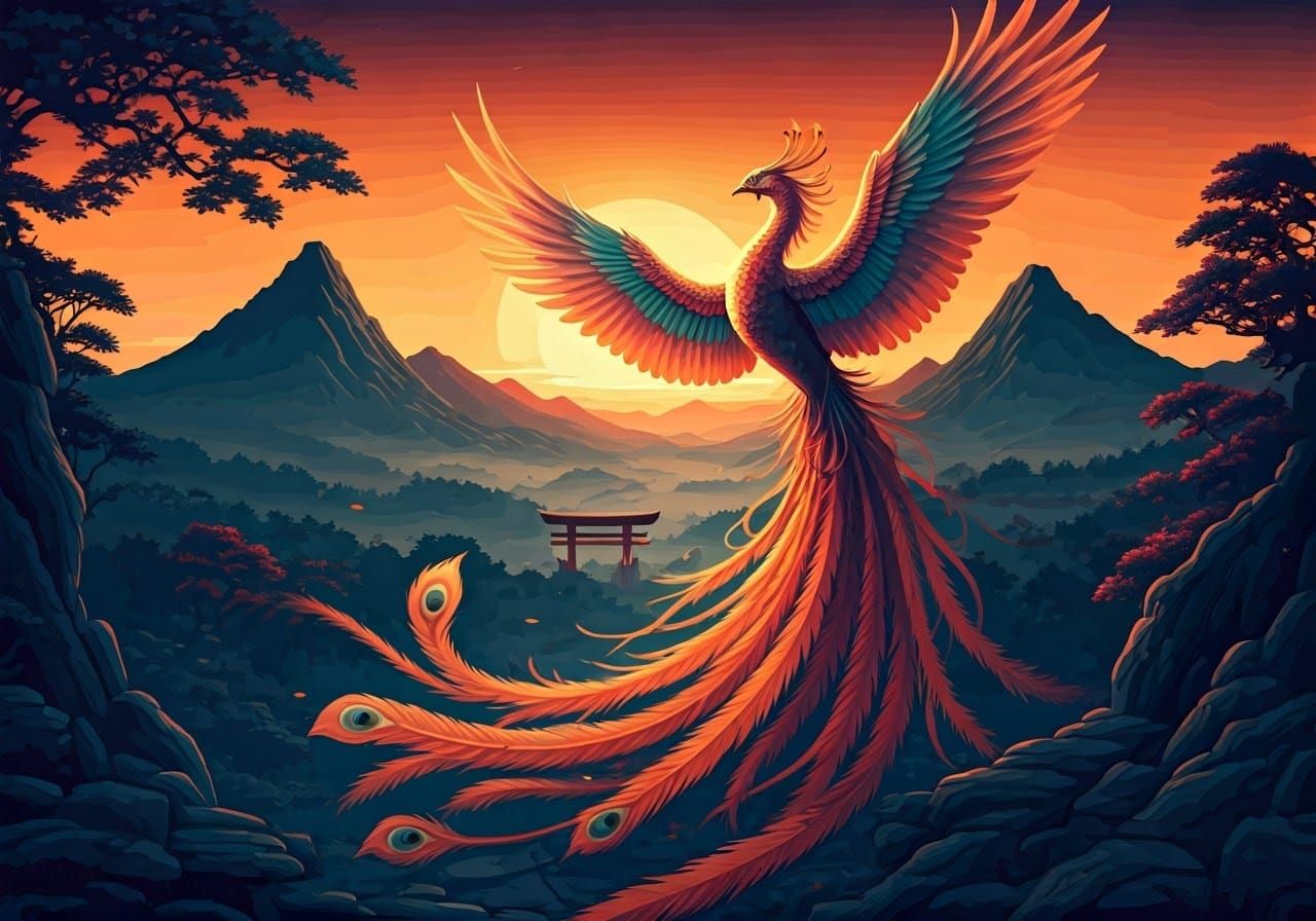 Phoenix Soars Above Shinto Shrine in Ukiyo-e Style