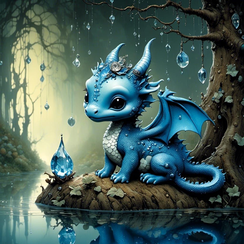 Baby Dragon Sapphire Crystal Lake in Fairytale Style