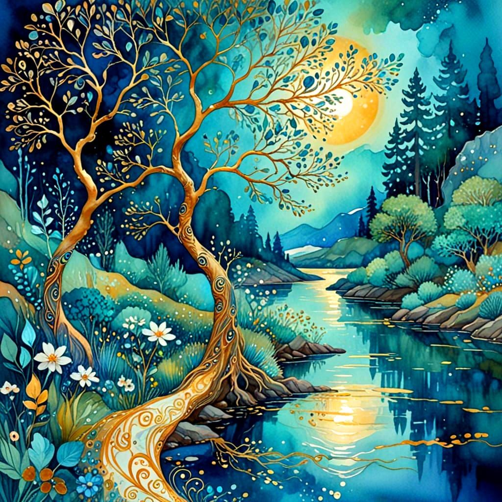 Dreamy Klimt-Inspired Turquoise Water Scene