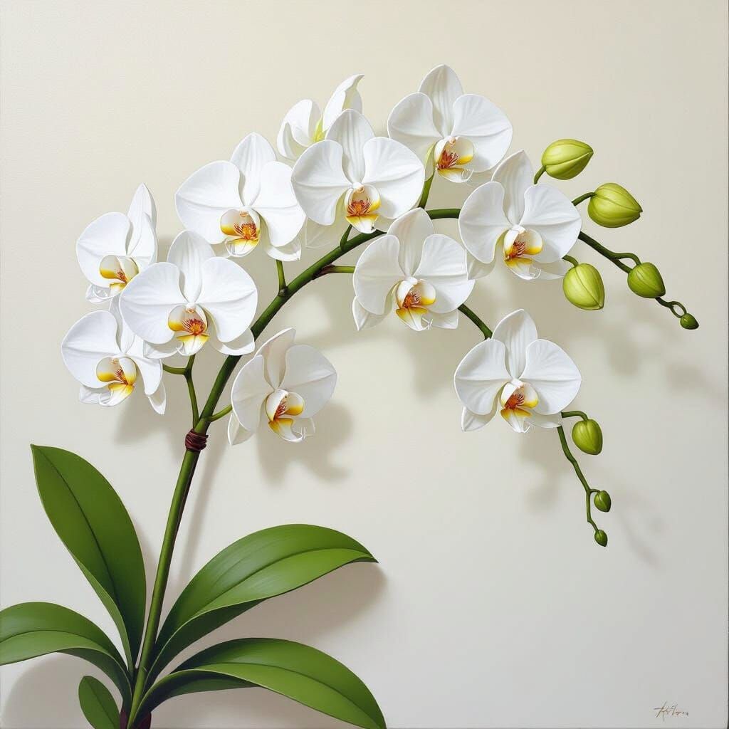 Ethereal Oil Painting of White Phalaenopsis Orchid Branch