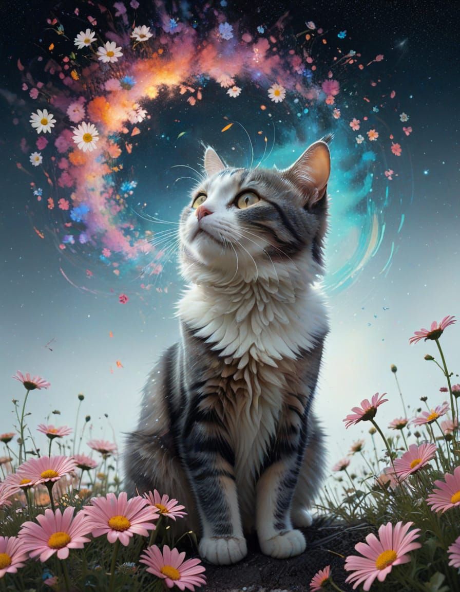 Ethereal Cat in a Whirlwind of Colorful Daisies