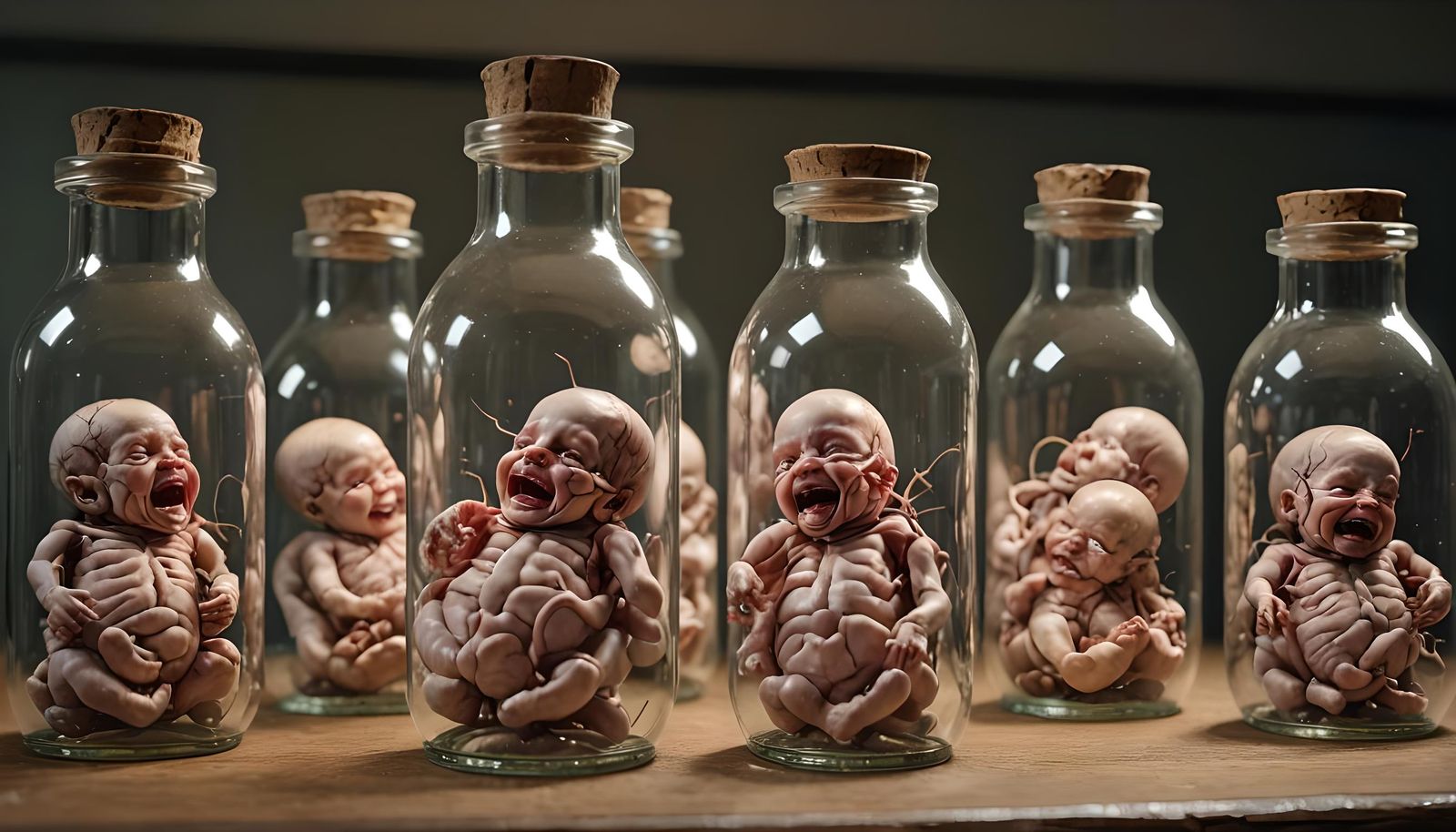Hyperrealistic Museum Exhibit: Deformed Fetuses in Bottles