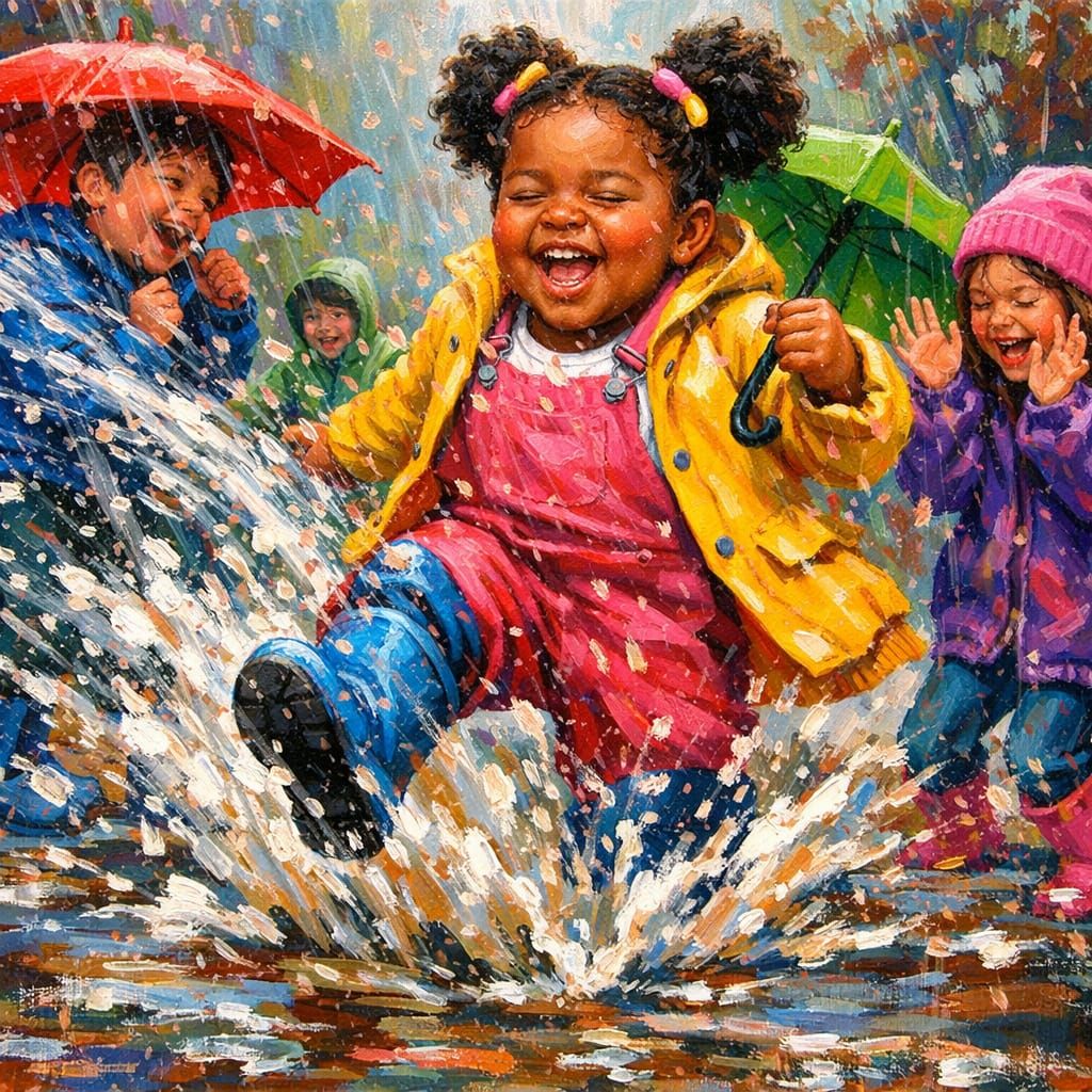 Joyful Girl Splashing in Rain Puddles