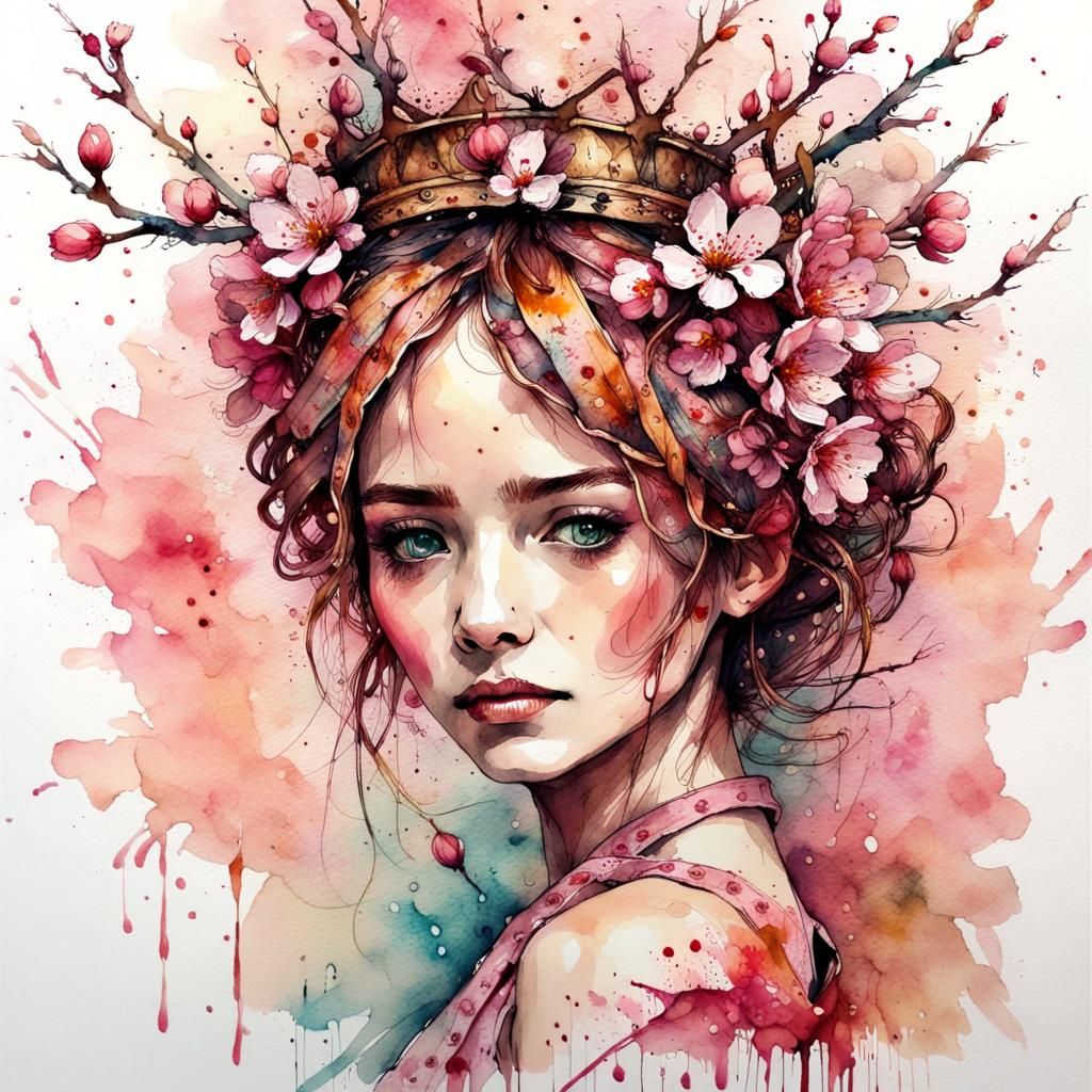 Japanese Cherry Blossom Crown in Watercolor Style