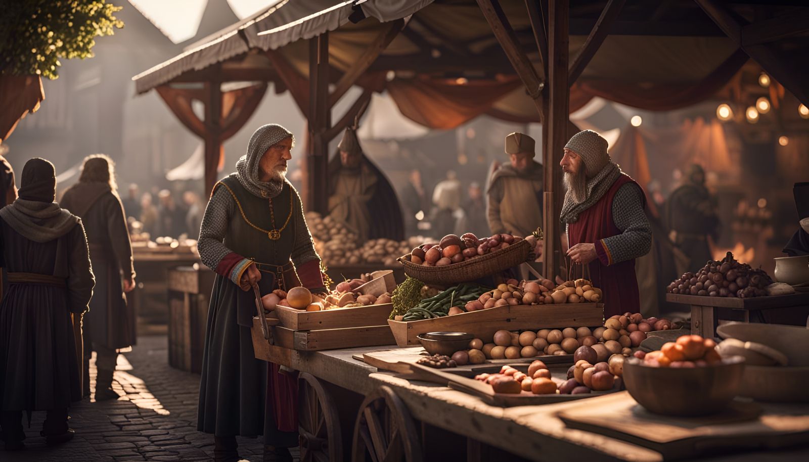 Medieval Market Scene in 3D Game Cinematic Style