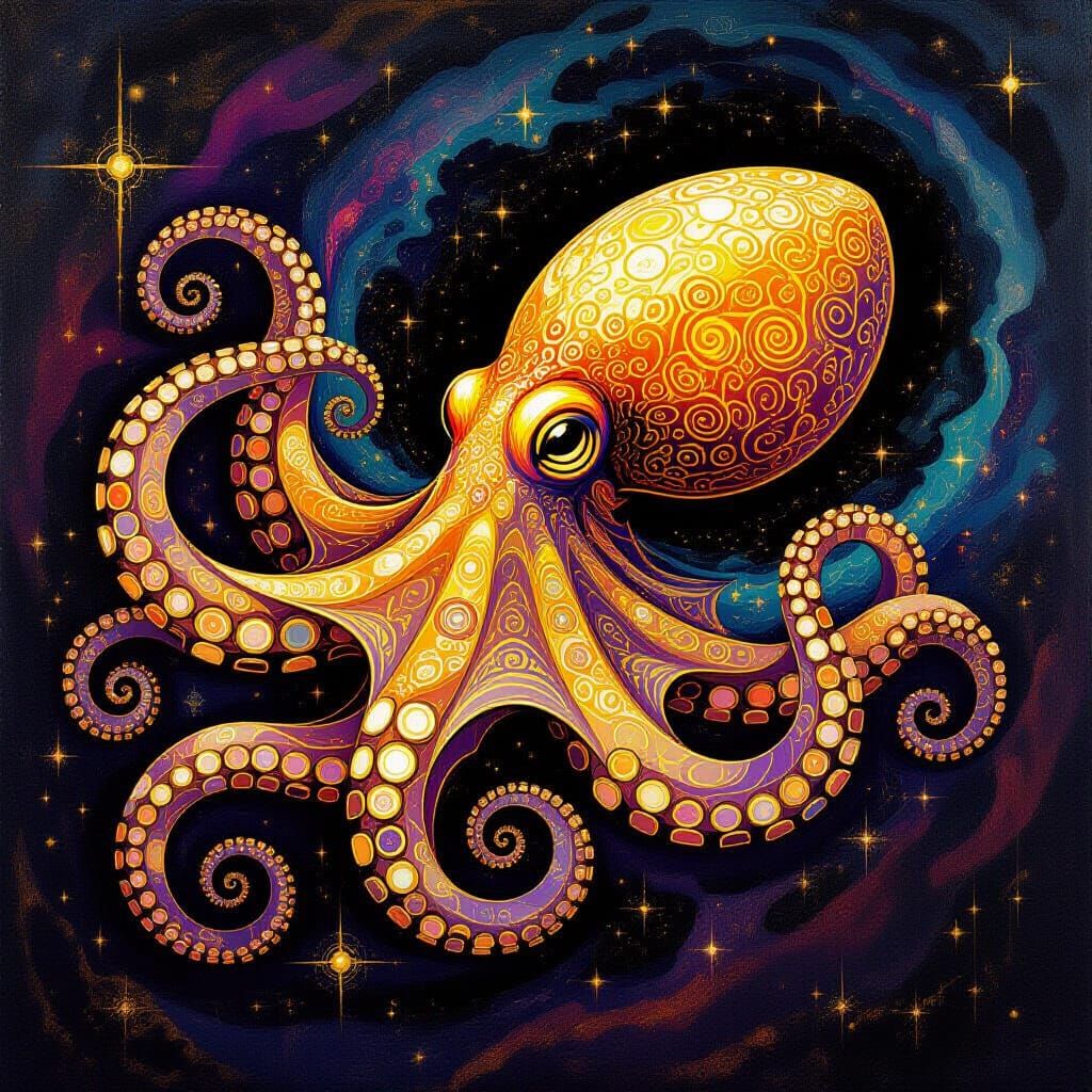 Bioluminescent Octopus Tentacle in Cosmic Vortex