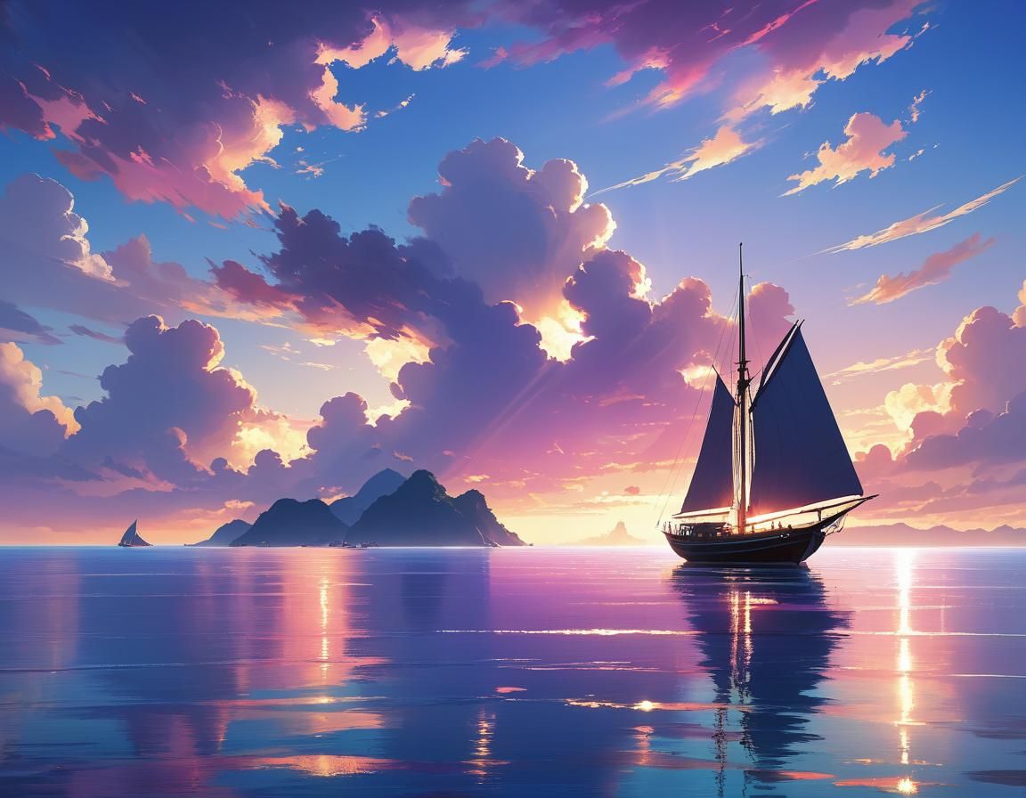 Anime Sailboat at Dawn in Ghibli Style