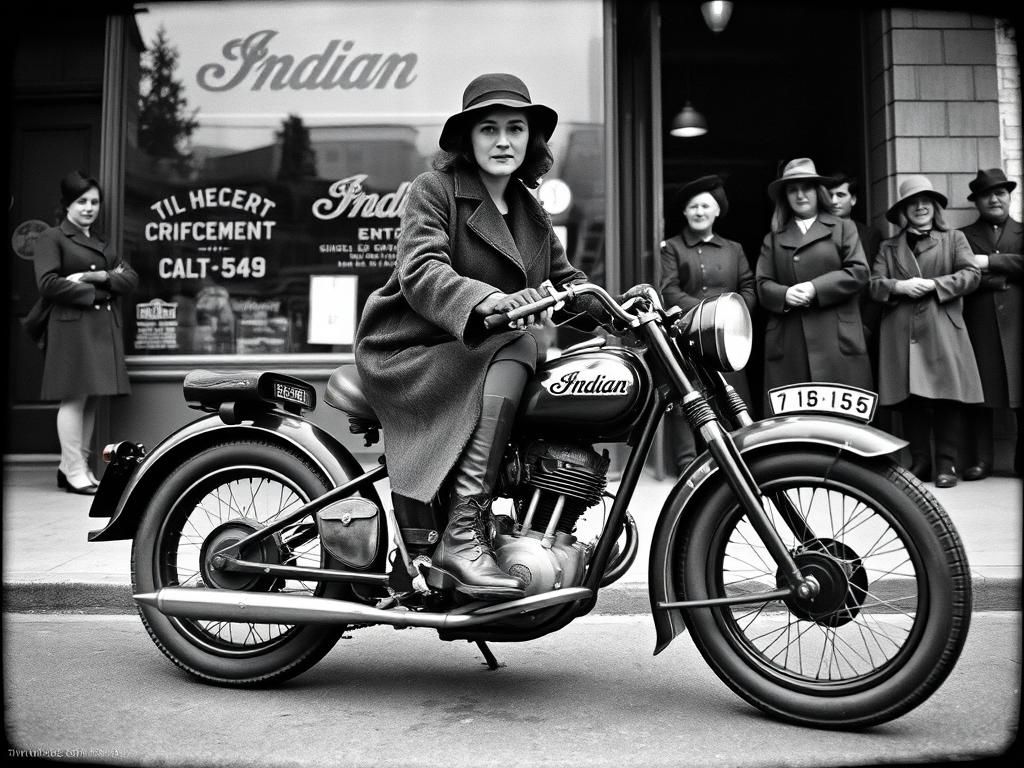 Vintage 1919 Photograph: Woman on Indian Motorcycle