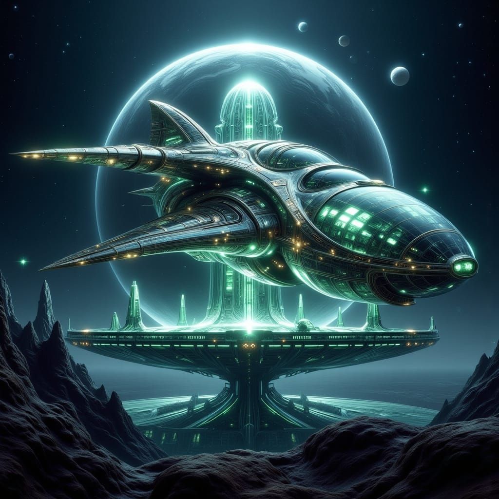 Alien Spaceship Lands on Illuminated Glass Planet