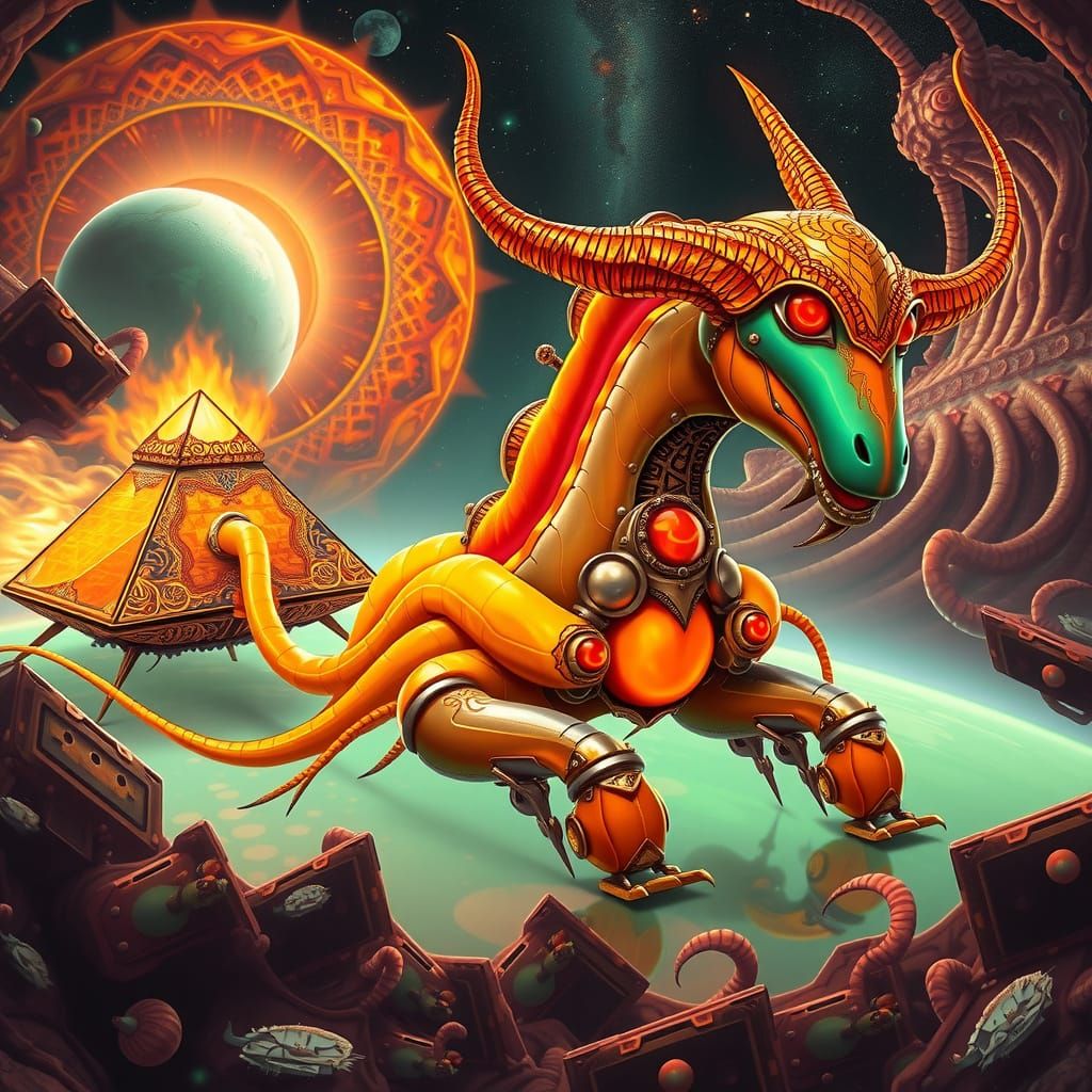 Psychedelic Cryptid Sorcerer Blowing Napalm Over Fiery Plane...