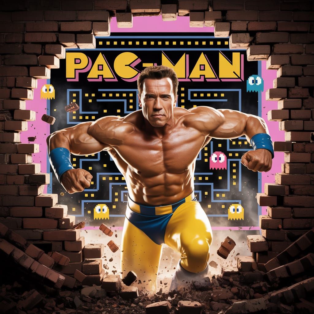 Arnold Schwarzenegger as Pac-Man Bursts Through Wall