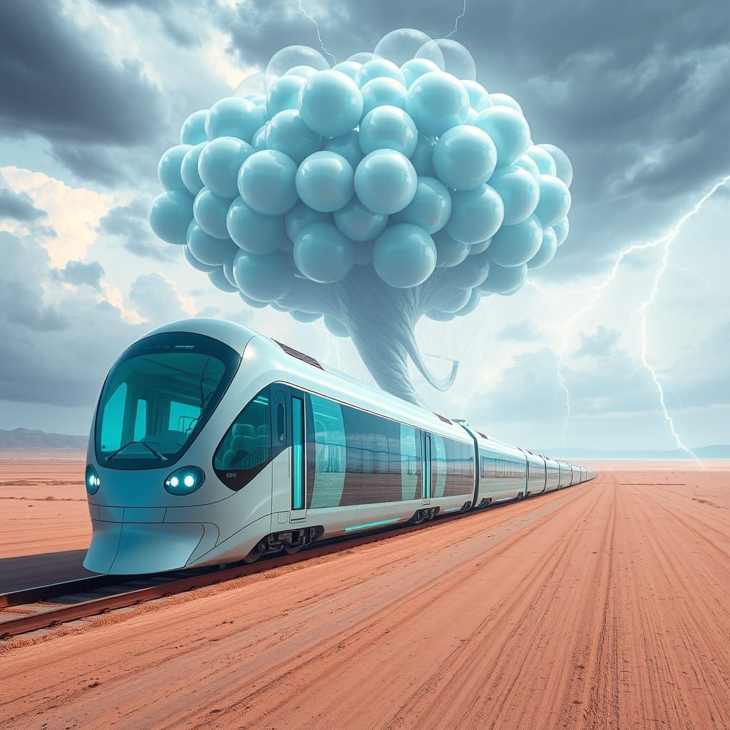 Futuristic Train Speeds Through Tornado Landscape